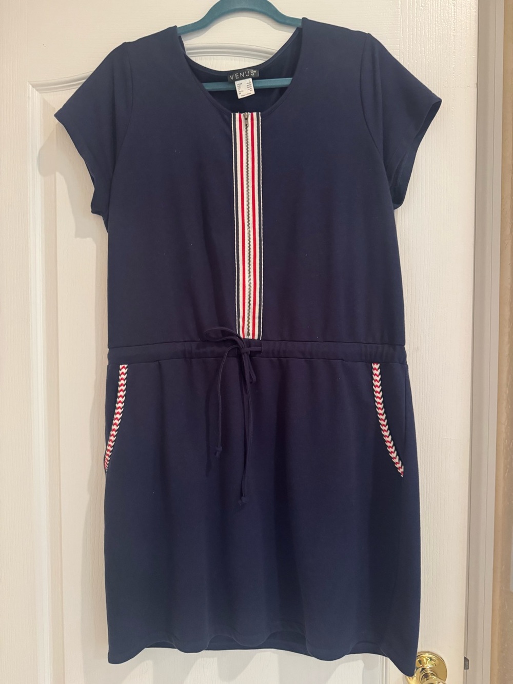 Venus -Navy Drawstring Casual Dress with Stripe Detail
